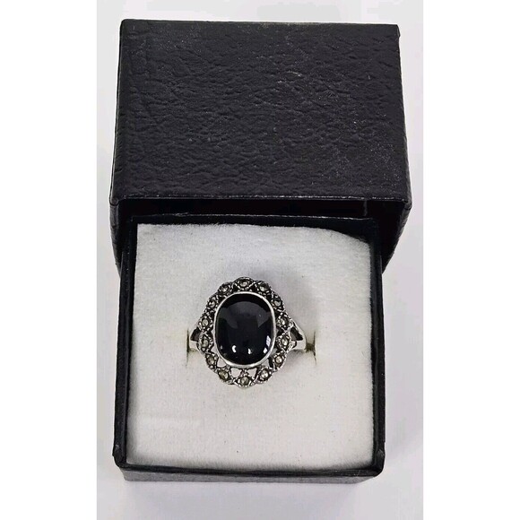 Vintage Art Deco Style Sterling Silver Black Oval Onyx Ring Size 7, Ornate - Picture 2 of 10